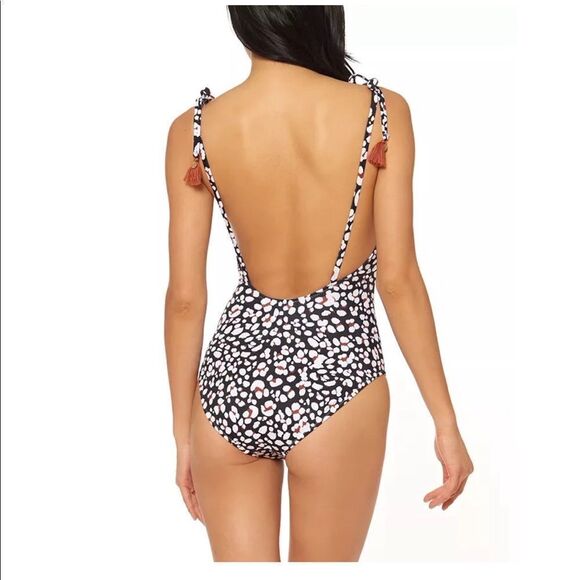 New JESSICA SIMPSON Leopard Animal Print Tassel One Piece Swimsuit Black Tan M - Picture 3 of 8